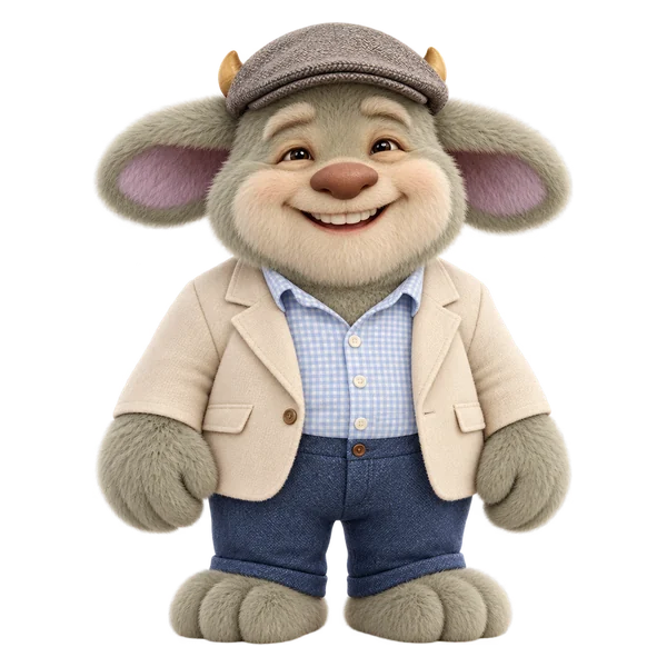 Brendan drawn as a friendly Collywobble, in the same flat cap, cream jacket and checked shirt