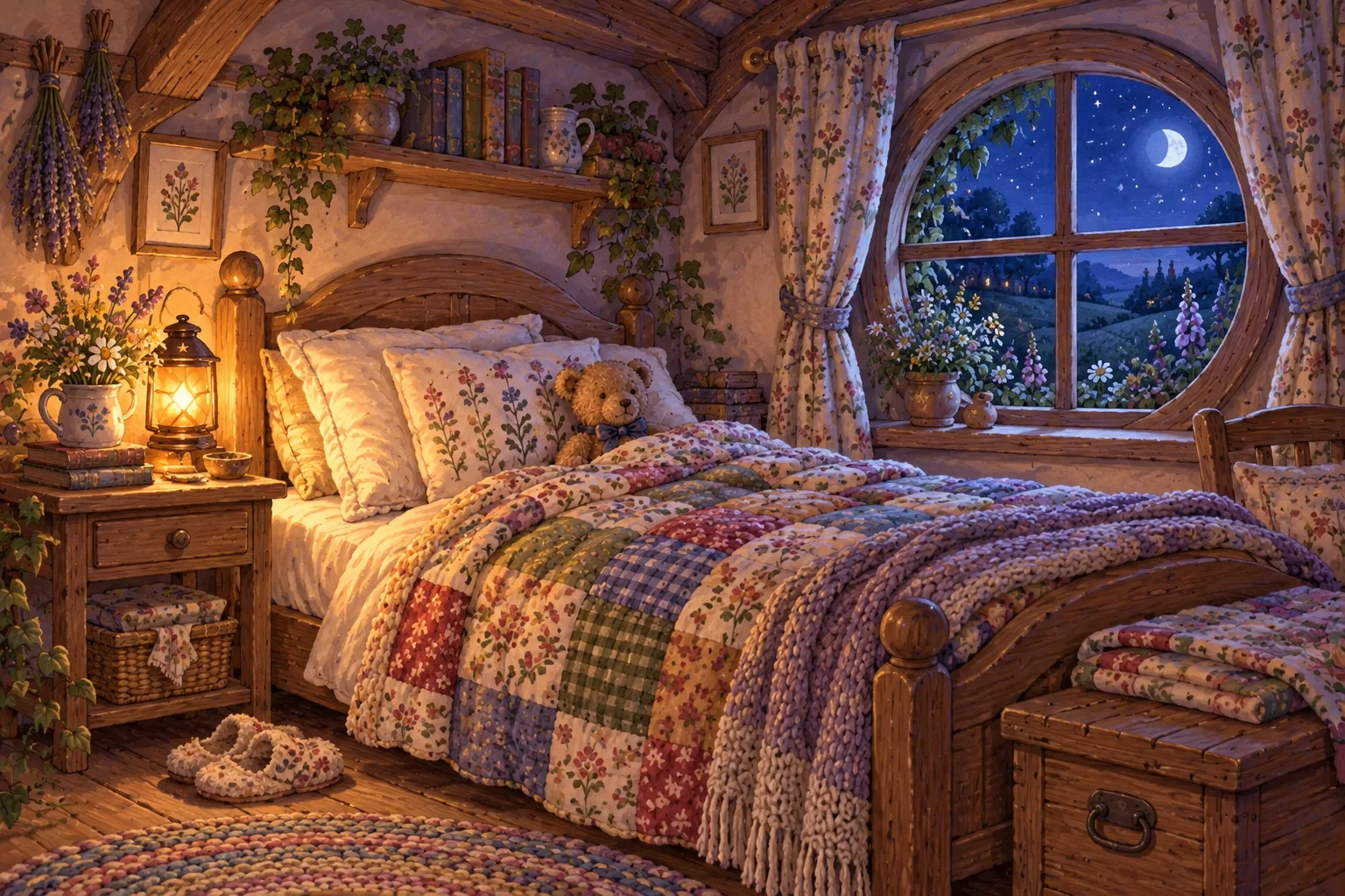 A cozy Collyvale bedroom at night, with a patchwork bed, a glowing lantern and moonlight at the window.