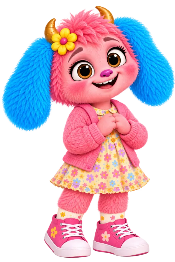 Bella, a coral-pink Collywobble with big turquoise floppy ears