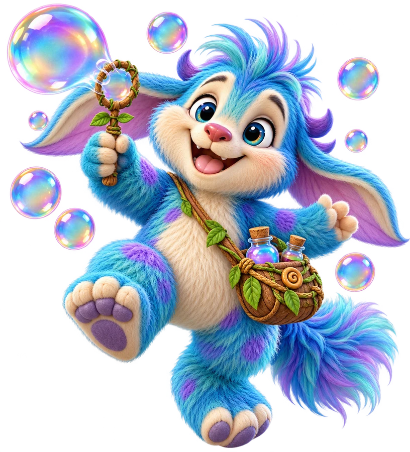 A cheerful blue Bubble-Blowing Bridge-Bouncer surrounded by shimmering bubbles