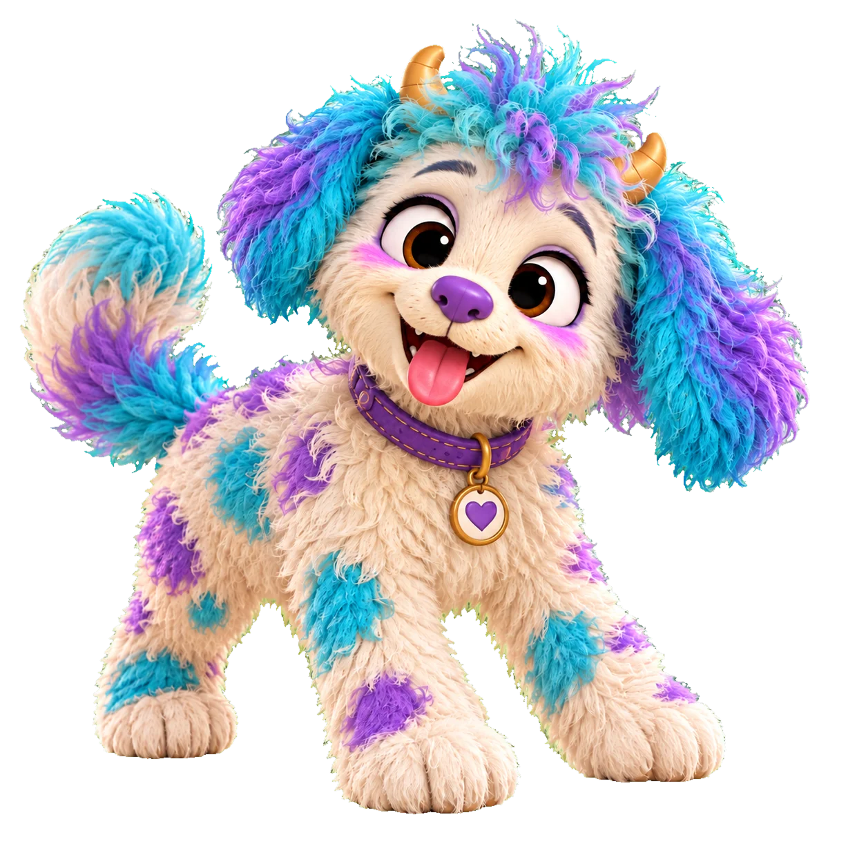 The cream Collyvale dog with turquoise and purple patches
