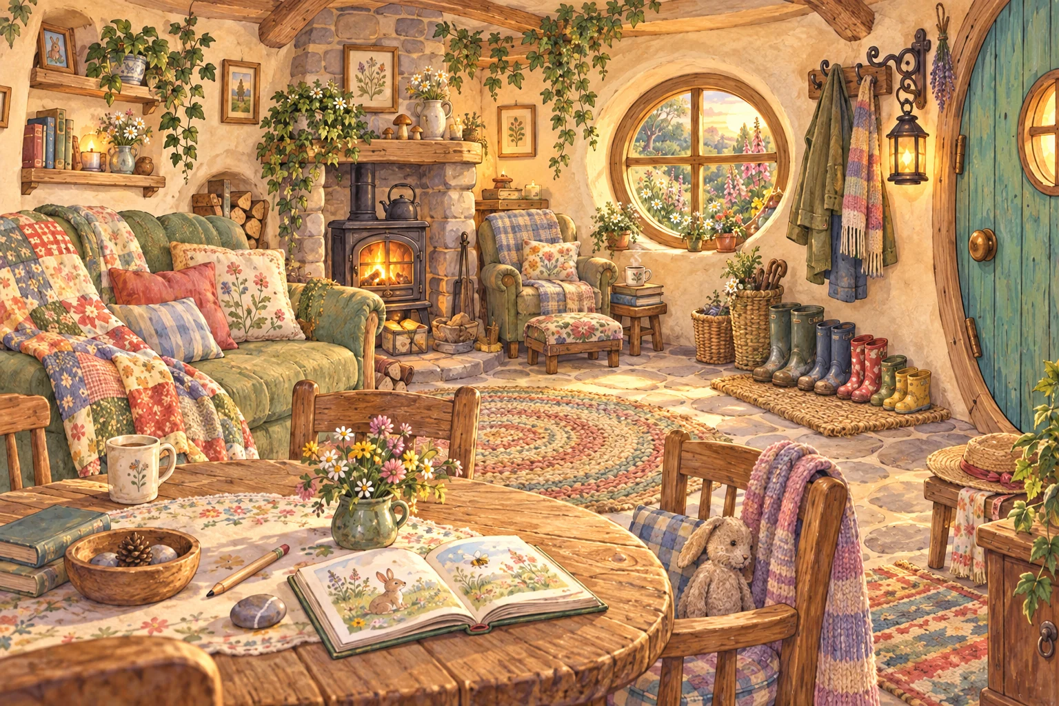 Warm cottage common room with round window and green door, patchwork quilt, family boots on a mat, lantern, chairs, open picture book and pebble on a wooden table