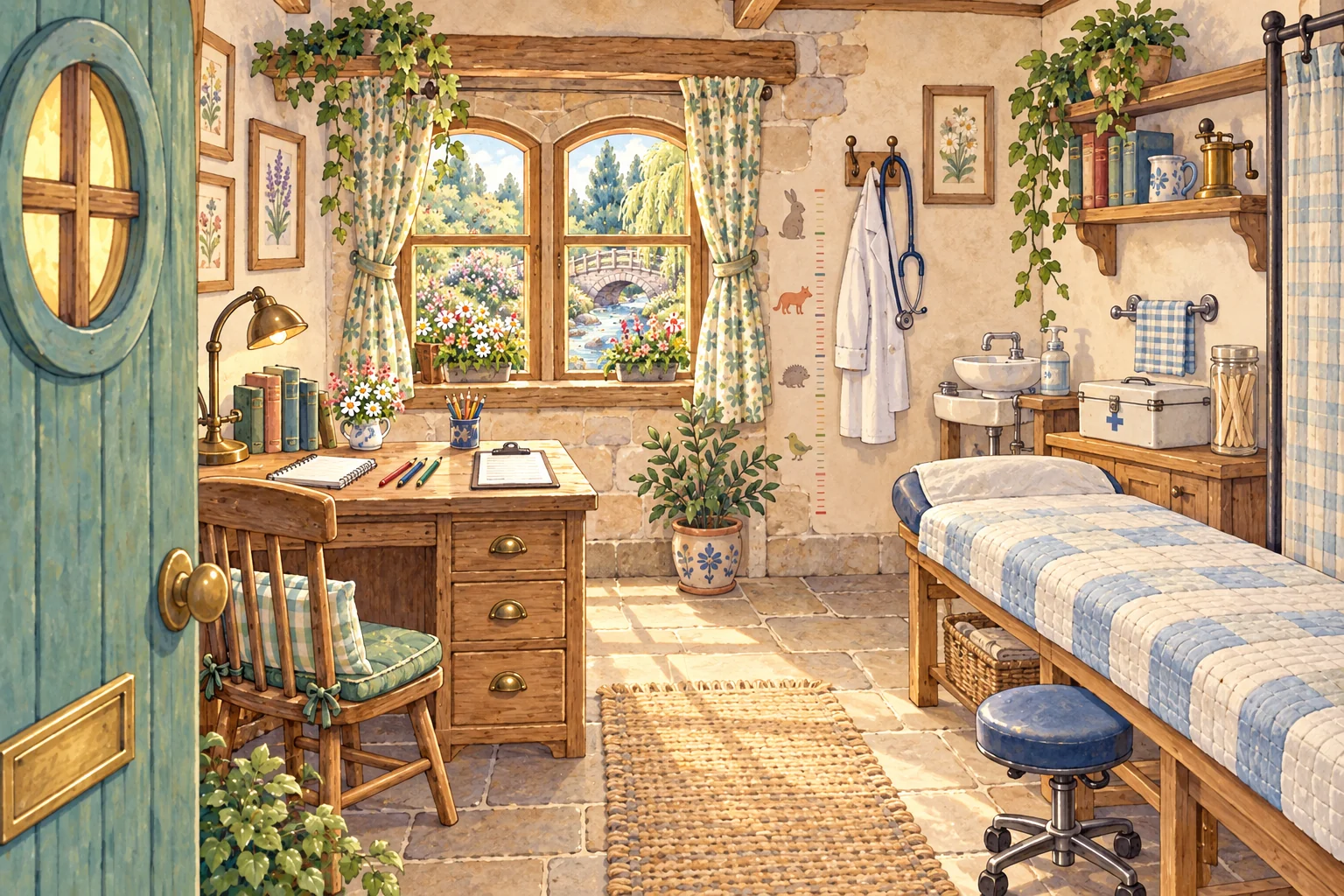 A small sunlit clinic room with a writing desk, stethoscope on a coat hook, height marks on the wall, a handwashing sink, an examination bed and a window looking out to a bridge