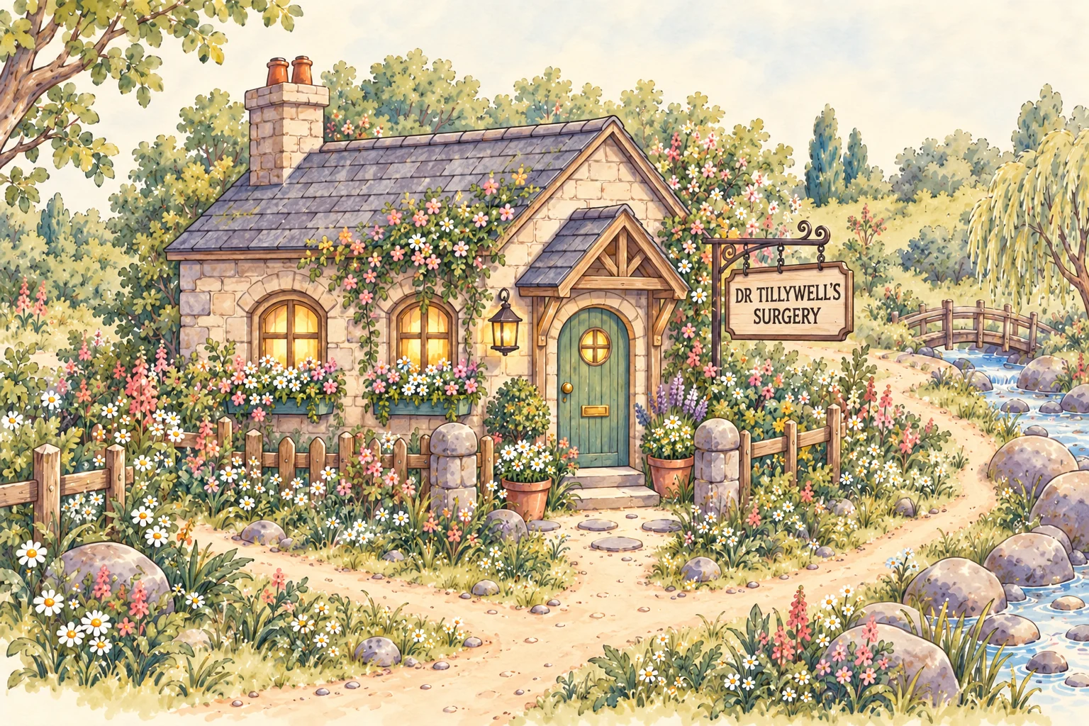 Dr. Tillywell’s small stone clinic with a slate roof, teal door, flower-filled window boxes and a sign beside the path leading towards a stream and a little bridge