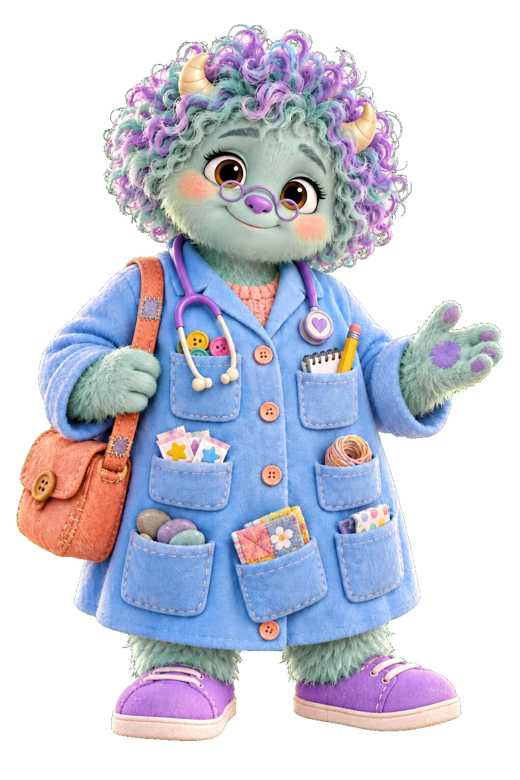 Dr. Tillywell, the mint-green Collyvale doctor in a blue coat