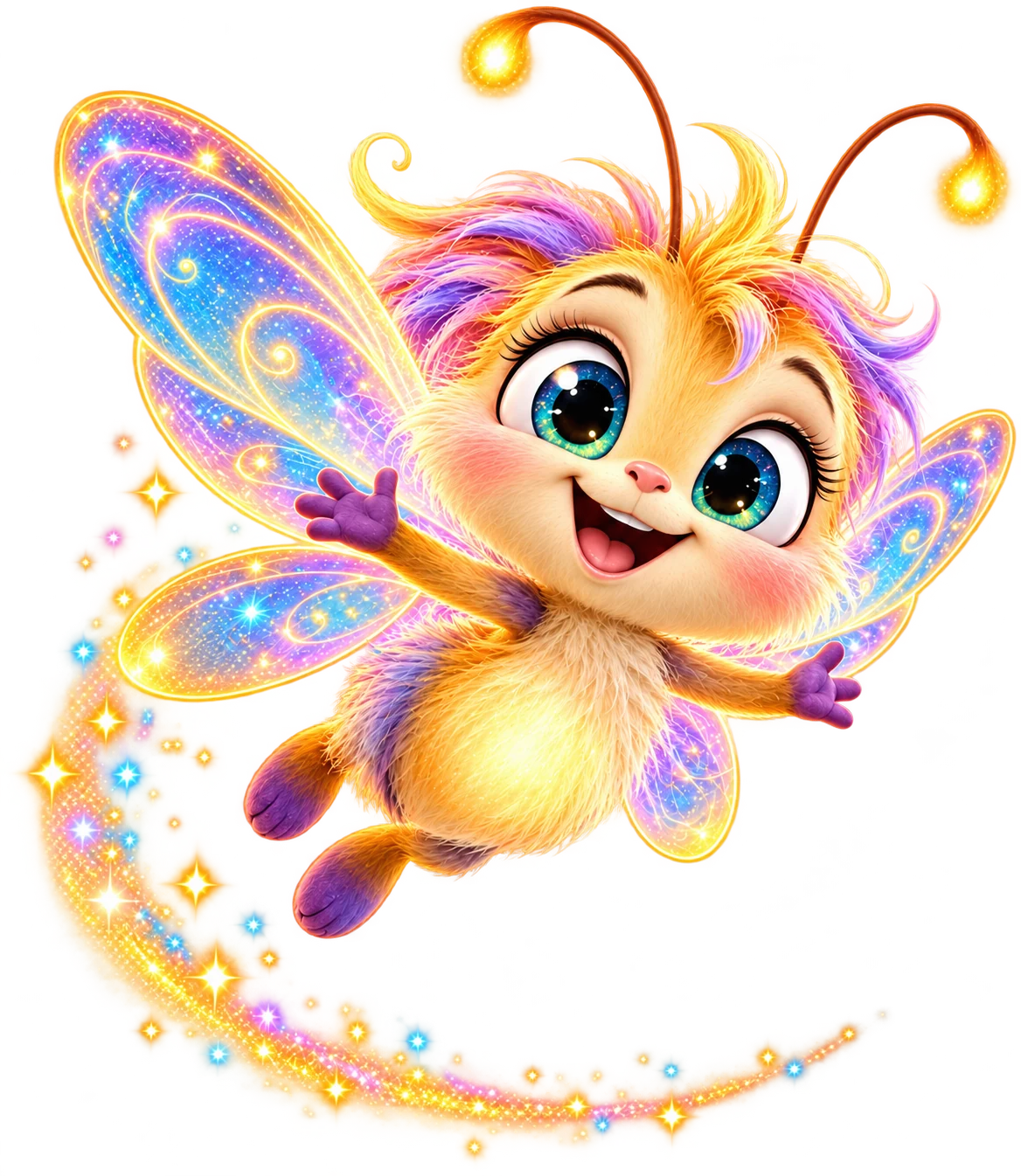Flit, a tiny glowing firefly-sprite with sparkling eyes and luminous wings