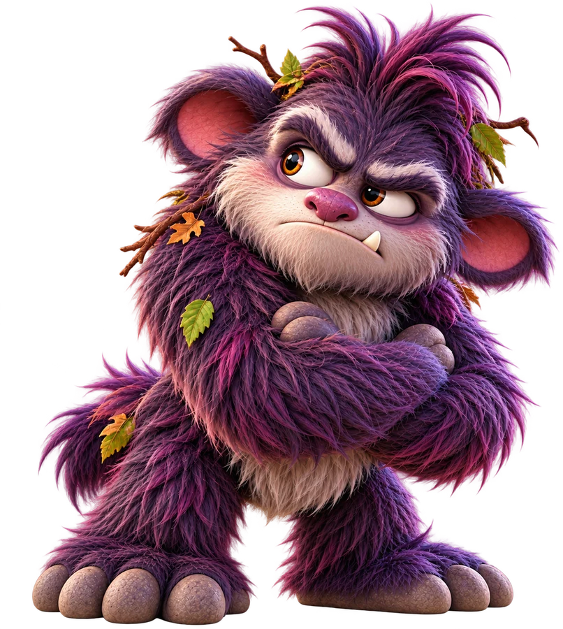 Grimple, a shaggy plum-purple Grumblegruff with folded arms and a grumpy sideways look