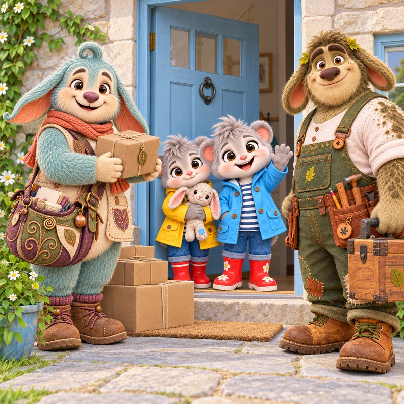 Mr. Pottle and Gus welcoming twins Wren and Robin at a blue front door