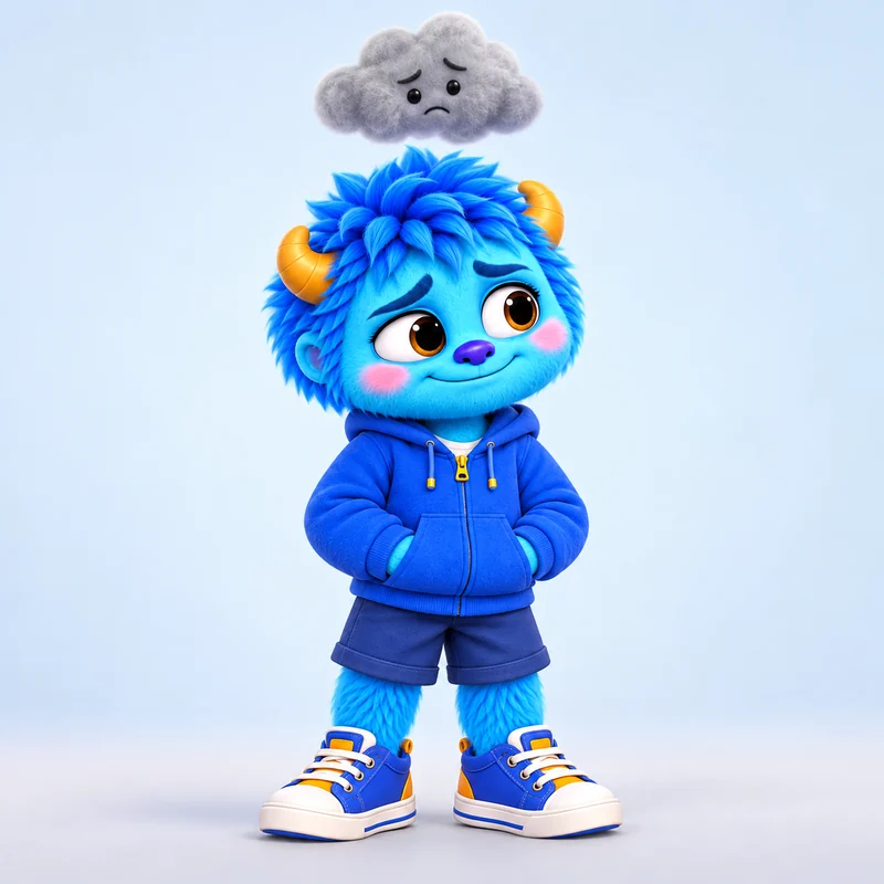Ollie in his blue hoodie with a little gray worry cloud above his head