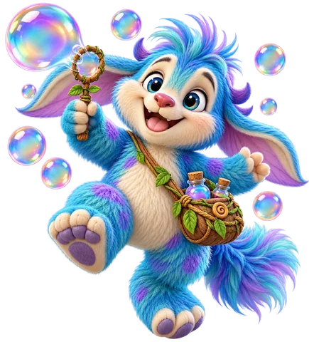 A cheerful blue Bubble-Blowing Bridge-Bouncer surrounded by shimmering bubbles