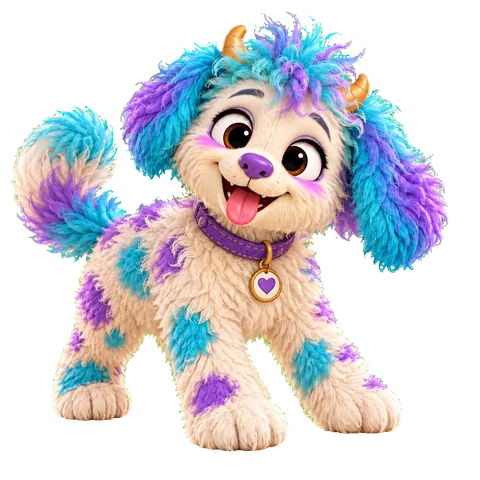 The cream Collyvale dog with turquoise and purple patches