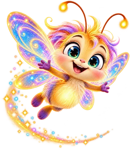 Flit, a tiny glowing firefly-sprite with sparkling eyes and luminous wings