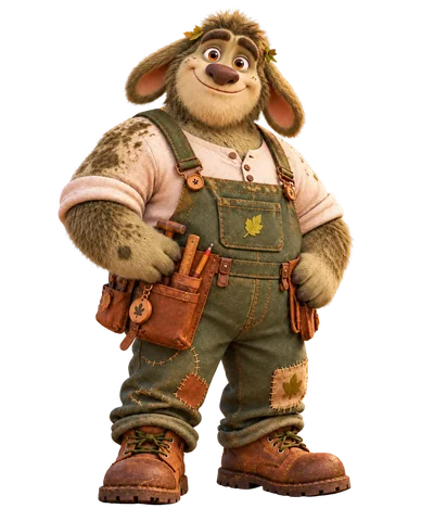 Gus, the hornless olive-green Collywobble dad with floppy ears and work overalls