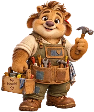 Mr. Mendle with a hammer, patchwork work clothes and his wooden toolbox