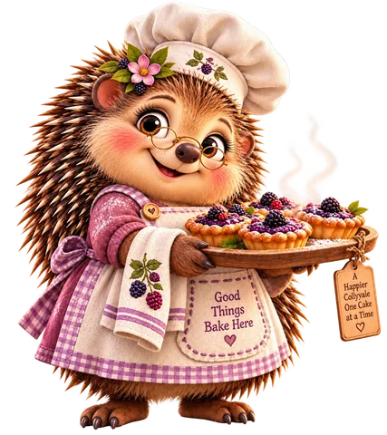 Mrs. Bramble, Collyvale’s warm hedgehog baker carrying fresh berry tarts