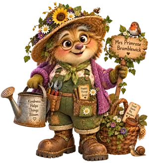 Mrs. Primrose Bramblewick in her flower-covered hat, carrying a watering can beside a basket of plants