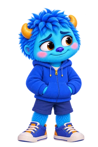 Ollie, a turquoise-blue Collywobble in his blue hoodie