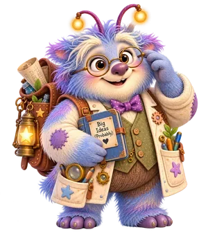 Professor Gideon Glitch, a blue and lilac professor with round glasses, a purple bow tie and a notebook labeled Big Ideas Probably