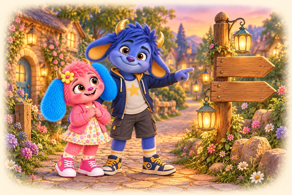 Riley pointing the way along a lantern-lit path, with Bella smiling up at him