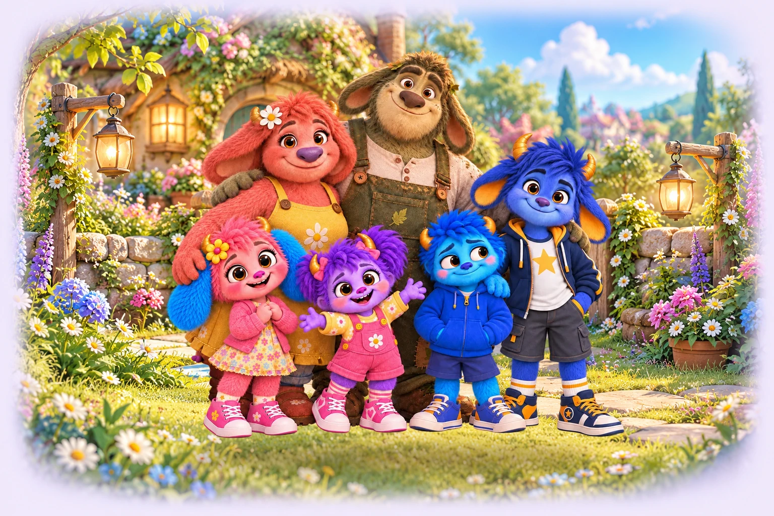 The Collywobble family together outside their cottage