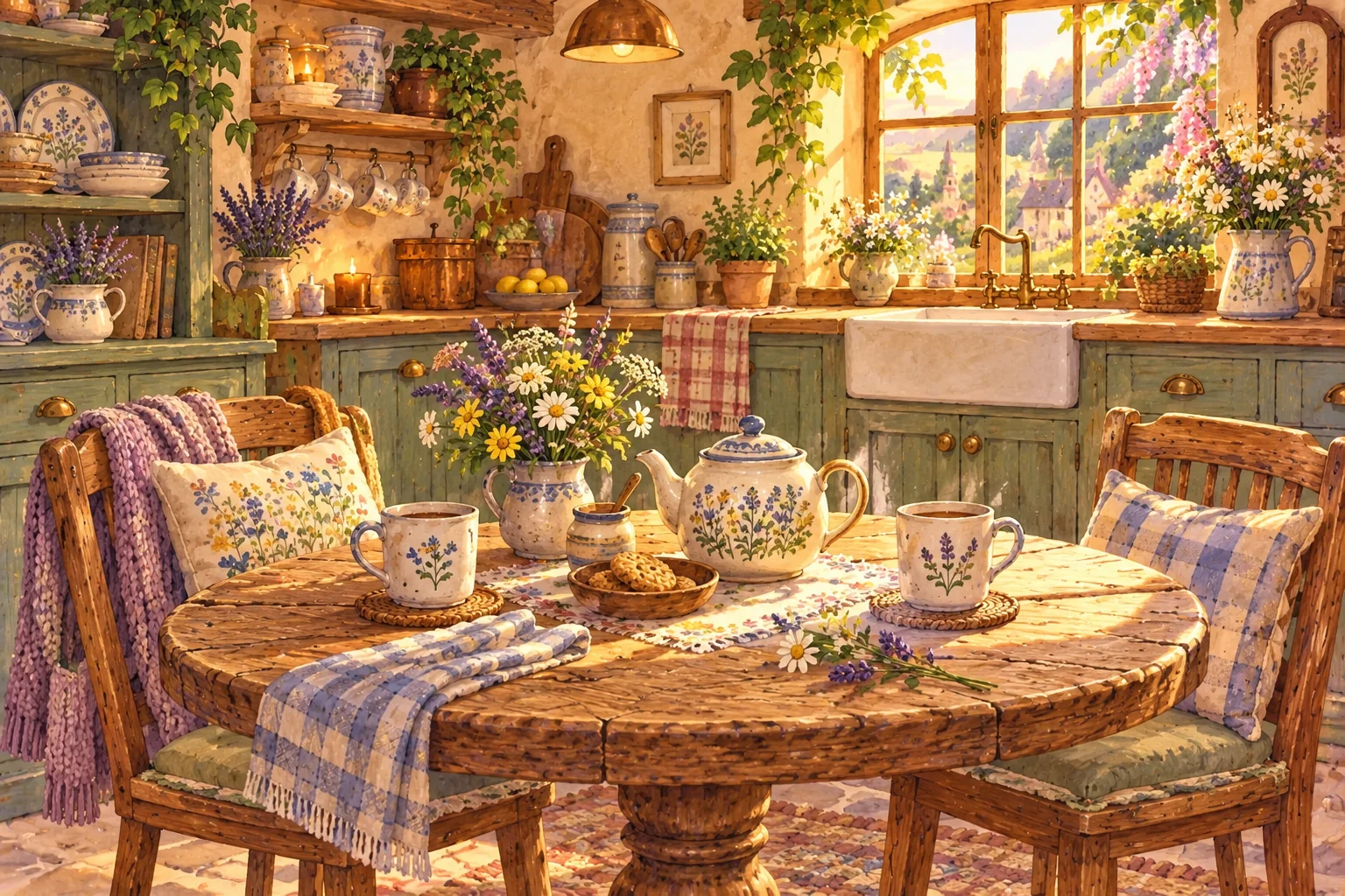 A cozy Collyvale kitchen table with a teapot and mugs, ready for a chat.