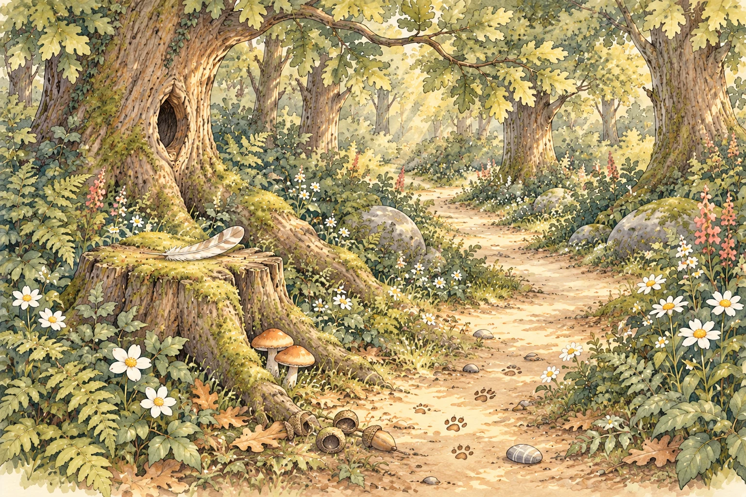 A dappled woodland clearing with an old hollow tree, feather on a mossy stump, two little mushrooms, acorn caps, animal tracks and a striped pebble by the path