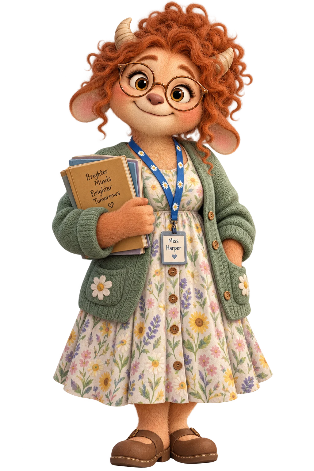 Miss Harper, Room 1B's teacher with copper curls, glasses, floral dress, green cardigan and books
