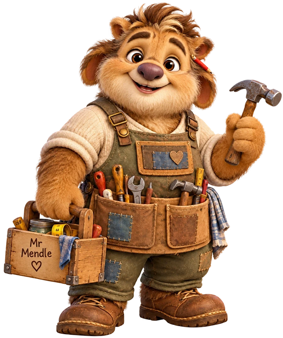 Mr. Mendle with a hammer, patchwork work clothes and his wooden toolbox