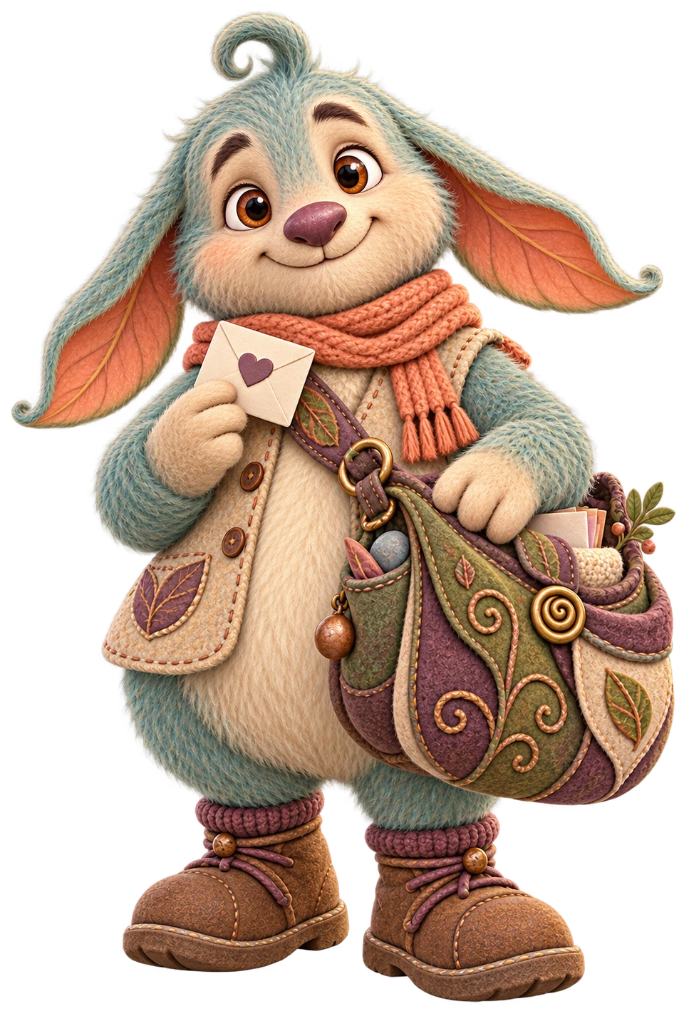 Mr. Pottle, Collyvale’s soft sage delivery creature, carrying his patchwork Manyfold Pouch