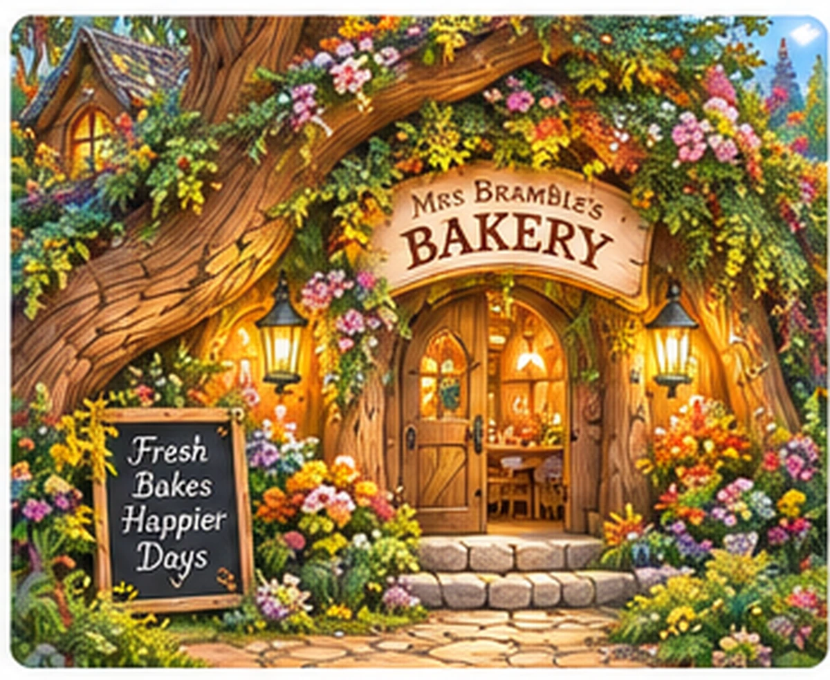 The flower-covered entrance to Mrs. Bramble’s Bakery, tucked into an old oak
