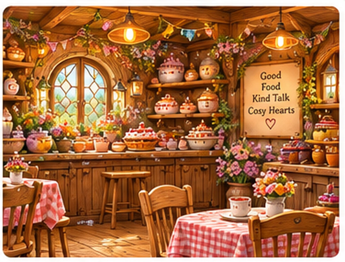 Inside Mrs. Bramble’s warm wooden bakery with shelves of bakes and cozy tables