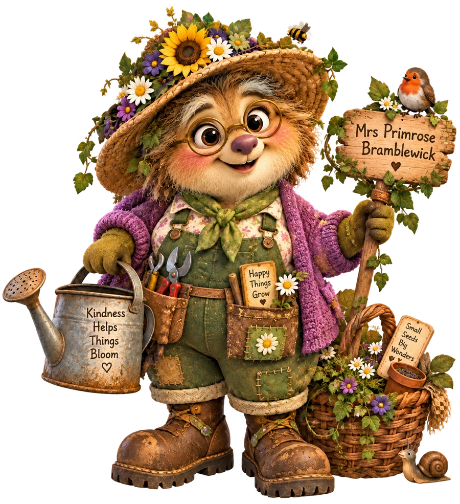 Mrs. Primrose Bramblewick in her flower-covered hat, carrying a watering can beside a basket of plants