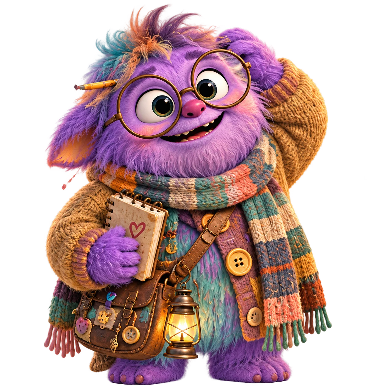 Muddle, the purple bespectacled shopkeeper with scarf, notebook and lantern