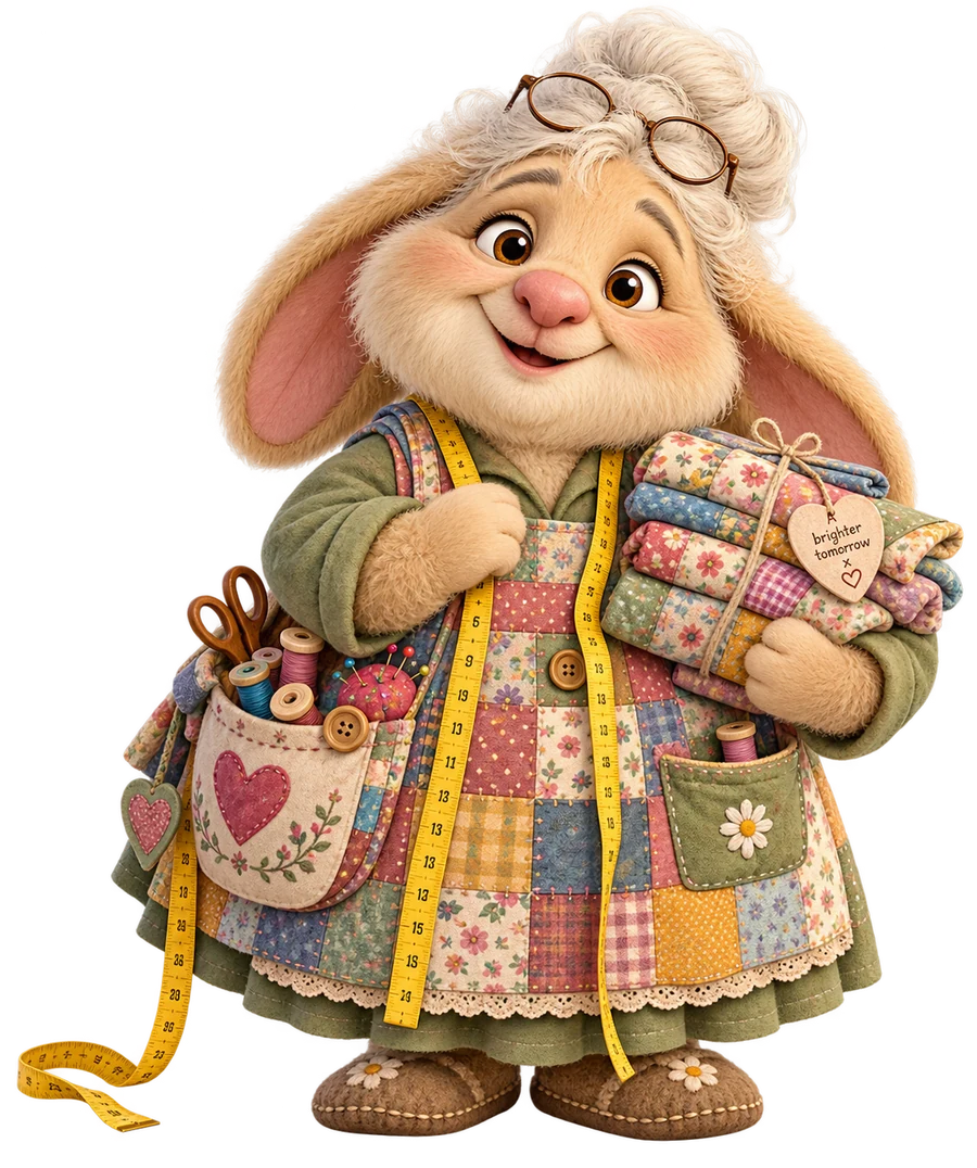 Nanna Nook with glasses in her silver hair, a patchwork apron and a bundle of colorful fabric