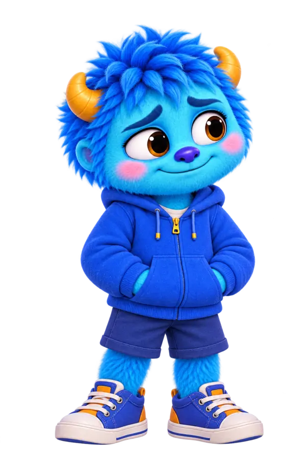 Ollie, a turquoise-blue Collywobble in his blue hoodie