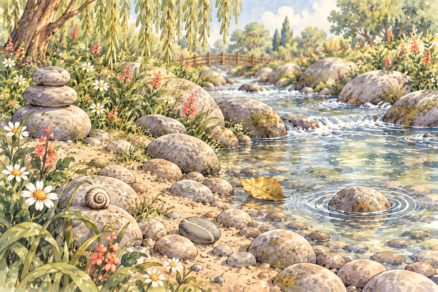 Closer view of Pebble Hollow's dry pebbly shore and stream, with a pale-veined pebble, golden floating leaf, empty spiral shell, three stacked stones and a ripple around a stone in the water