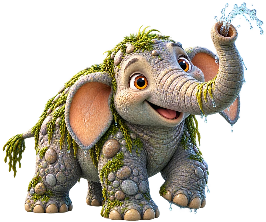 Pebble, the friendly rock-textured Rock-Trunked Snorkeller with mossy patches and a raised trunk