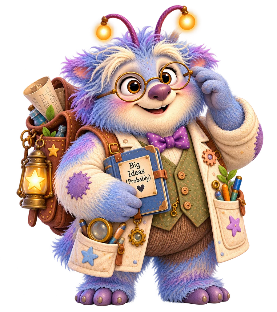 Professor Gideon Glitch, a blue and lilac professor with round glasses, a purple bow tie and a notebook labeled Big Ideas Probably