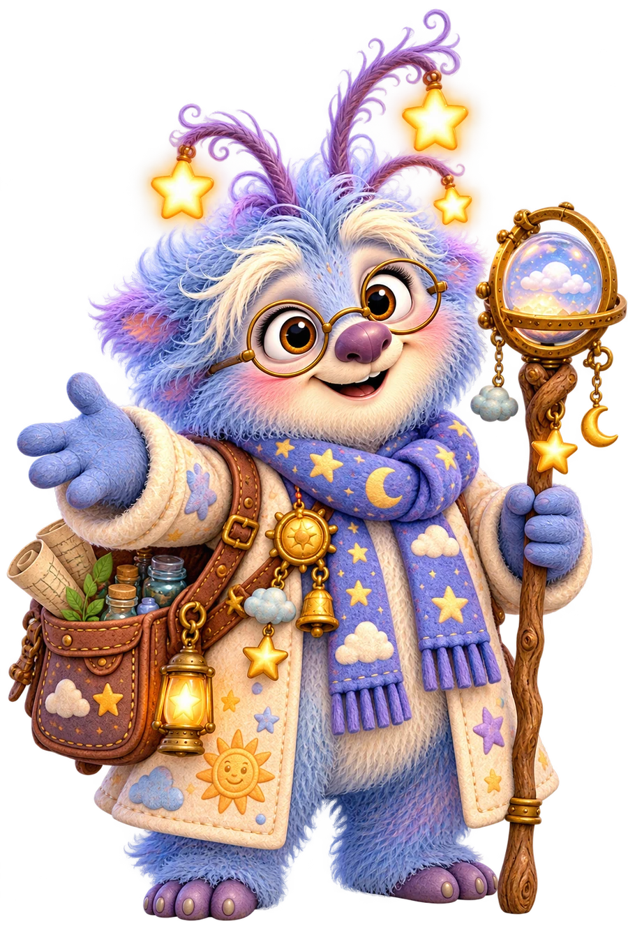Professor Nimbus Wisp, a blue and lilac professor with round glasses, a starry scarf and a staff topped with a glowing globe