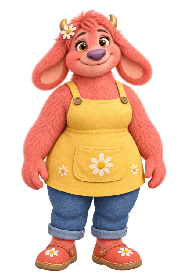 Rosie, the coral-pink Collywobble mom in a yellow apron