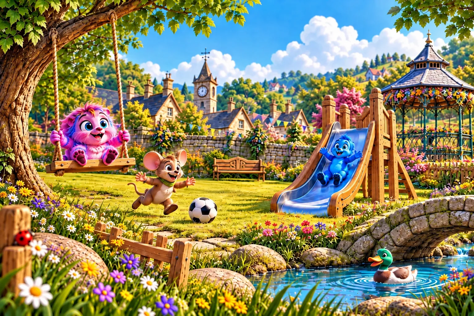 The Village Green: a pink friend on a rope swing under a big tree, a mouse chasing a soccer, a blue friend on a slide, a wooden bench, a flower-covered gazebo, a little stream with a duck, and a ladybird on a fence post.