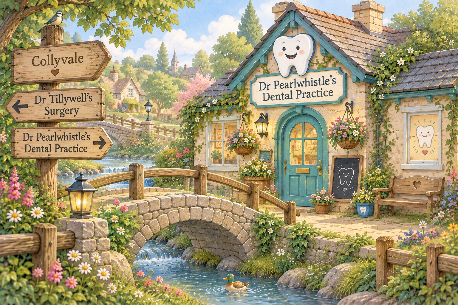 Dr. Pearlwhistle’s Dental Practice just over the little bridge.