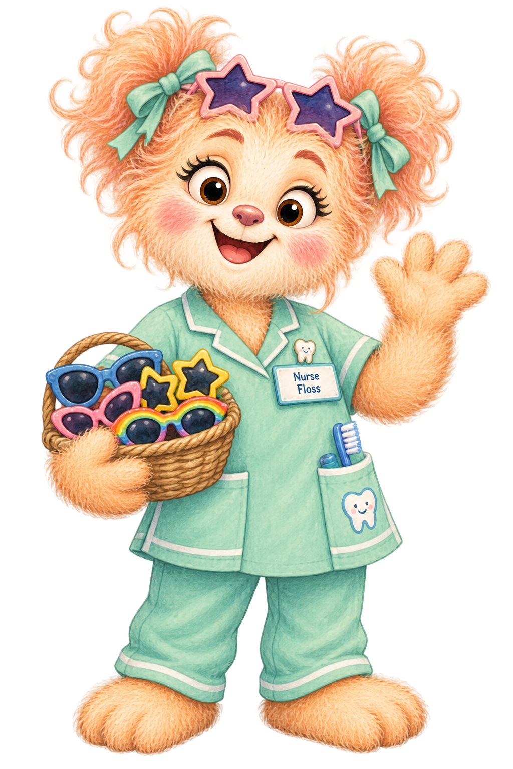 Nurse Floss, the cheerful Collywobble dental nurse with her basket of sunglasses