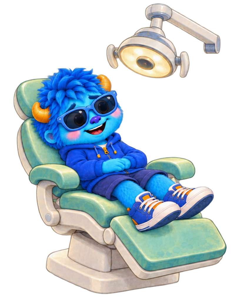 Ollie gently tipped back in Dr. Pearlwhistle’s dental chair wearing sunglasses.