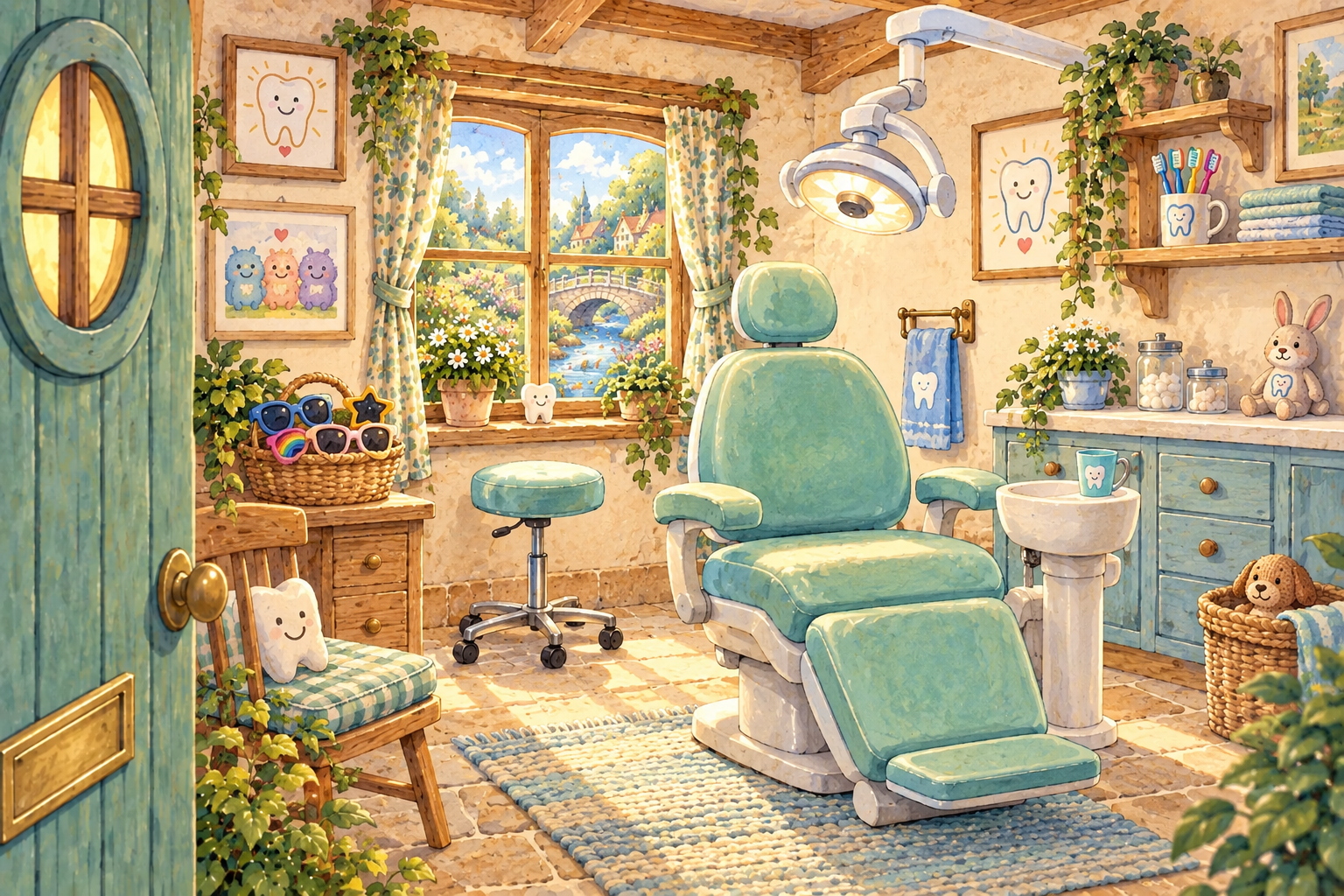 Dr. Pearlwhistle’s warm treatment room with a mint dental chair, overhead light, basin and little cup.