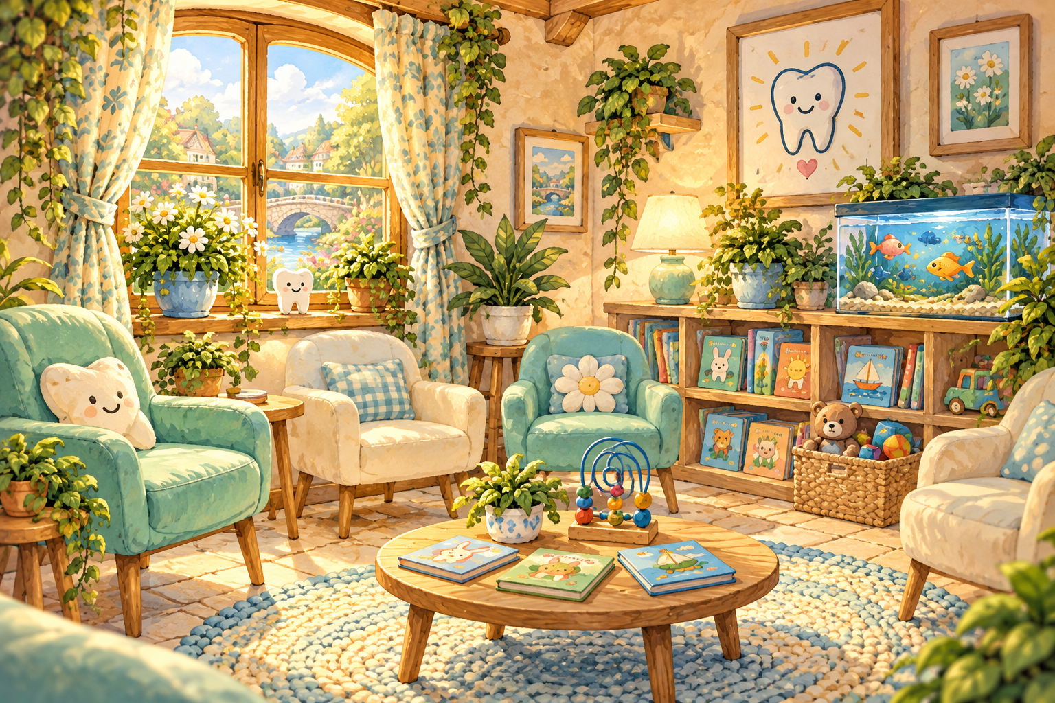 The cozy waiting room at Dr. Pearlwhistle’s Dental Practice
